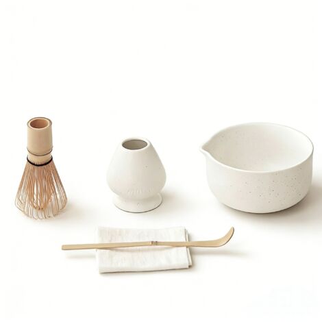 Kit Matcha - Bol En Céramique 400 ml - Fouet Bambou 100 Dents - Porte-Fouet Et Cuillère À Thé - Pour Préparation Maison
