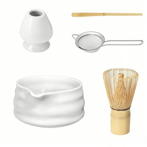 Kit Matcha - Bol En Céramique 570 ml Avec Bec Verseur - Fouet En Bambou 100 Soies - Cuillère À Matcha En Bambou - Tamis En Acier Inoxydable - Support Pour Fouet - 5 Pièces