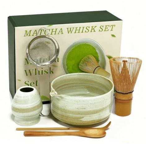 Kit Matcha - Bol En Céramique Avec Bec Verseur - Fouet En Bambou - Tamis Et Cuillère - Ensemble Complet De 6 Pièces