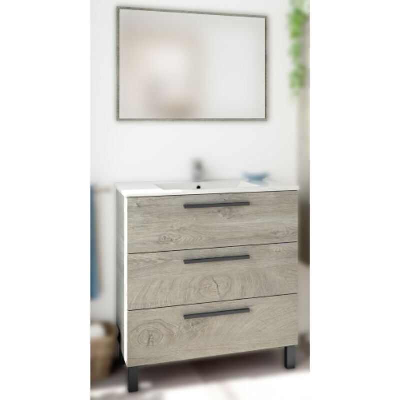 Tuttacasa - Kit meuble sous lavabo Athena coloris Chene Alaska 80cm 3tiroirs+miroir salle de bain