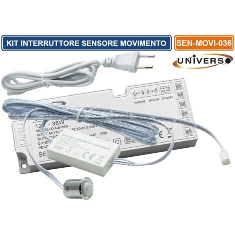 KIT MINI INTERRUTTORE SENSORE MOVIMENTO INFRAROSSI 12V 24V PASSAGGIO PIR CON ALIMENTATORE 36W ACCENSIONE AUTOMATICA STRISCE LUCI LED
