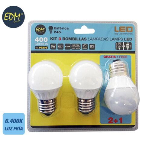 Kit mit 3 sphärischen EDM-LED-Lampen E27 5W 400lm 6400K Kaltlicht Ø4,5x8cm