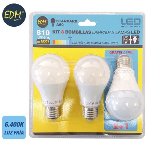 Kit mit 3 Standard-EDM-LED-Lampen E27 10 W 932 lm 6400 K Kaltlicht Ø6 x 10,8 cm