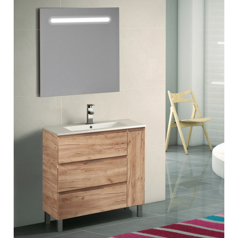 

KIT Mueble de Baño ESTONIA PORCELANA, Formado por Mueble de Baño Color Tabaco 80cm, Lavabo de Porcelana y Espejo a Juego