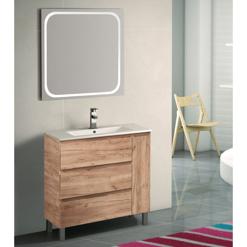 

KIT Mueble de Baño ESTONIA PORCELANA, Formado por Mueble de Baño Color Tabaco 80cm, Lavabo de Porcelana y Espejo a Juego