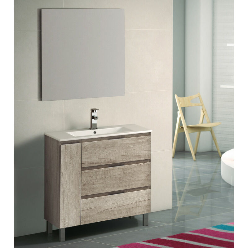 

KIT Mueble de Baño ESTONIA PORCELANA, Formado por Mueble de Baño Color NEBRASKA 80cm, Lavabo de Porcelana y Espejo a Juego