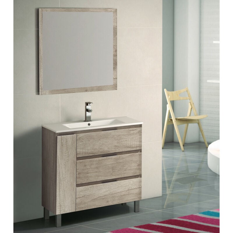 

KIT Mueble de Baño ESTONIA PORCELANA, Formado por Mueble de Baño Color NEBRASKA 80cm, Lavabo de Porcelana y Espejo a Juego