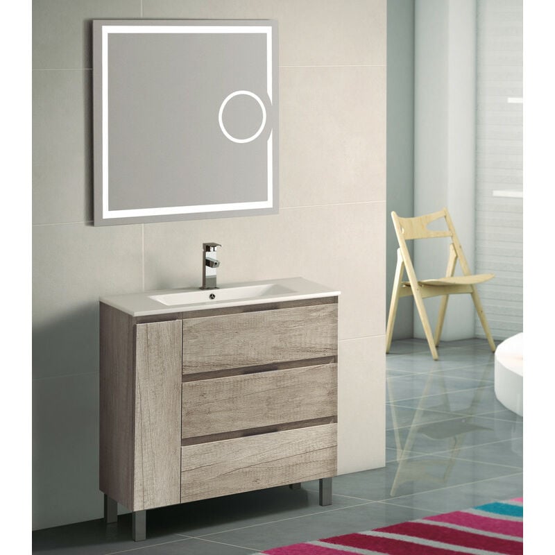 

KIT Mueble de Baño ESTONIA PORCELANA, Formado por Mueble de Baño Color NEBRASKA 80cm, Lavabo de Porcelana y Espejo a Juego