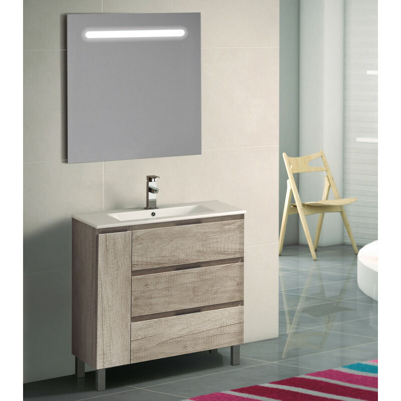 

KIT Mueble de Baño ESTONIA PORCELANA, Formado por Mueble de Baño Color NEBRASKA 80cm, Lavabo de Porcelana y Espejo a Juego