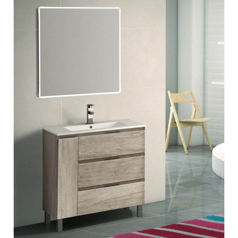 

KIT Mueble de Baño ESTONIA PORCELANA, Formado por Mueble de Baño Color NEBRASKA 80cm, Lavabo de Porcelana y Espejo a Juego