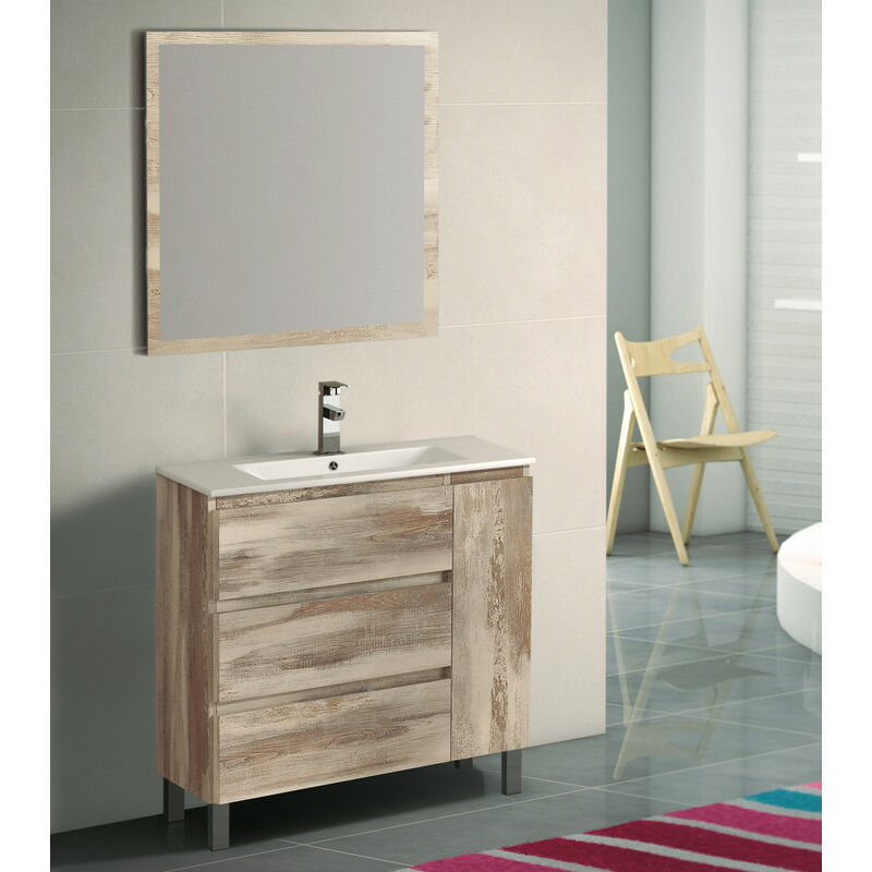 

KIT Mueble de Baño ESTONIA PORCELANA, Formado por Mueble de Baño Color BORA-BORA 80cm, Lavabo de Porcelana y Espejo a Juego