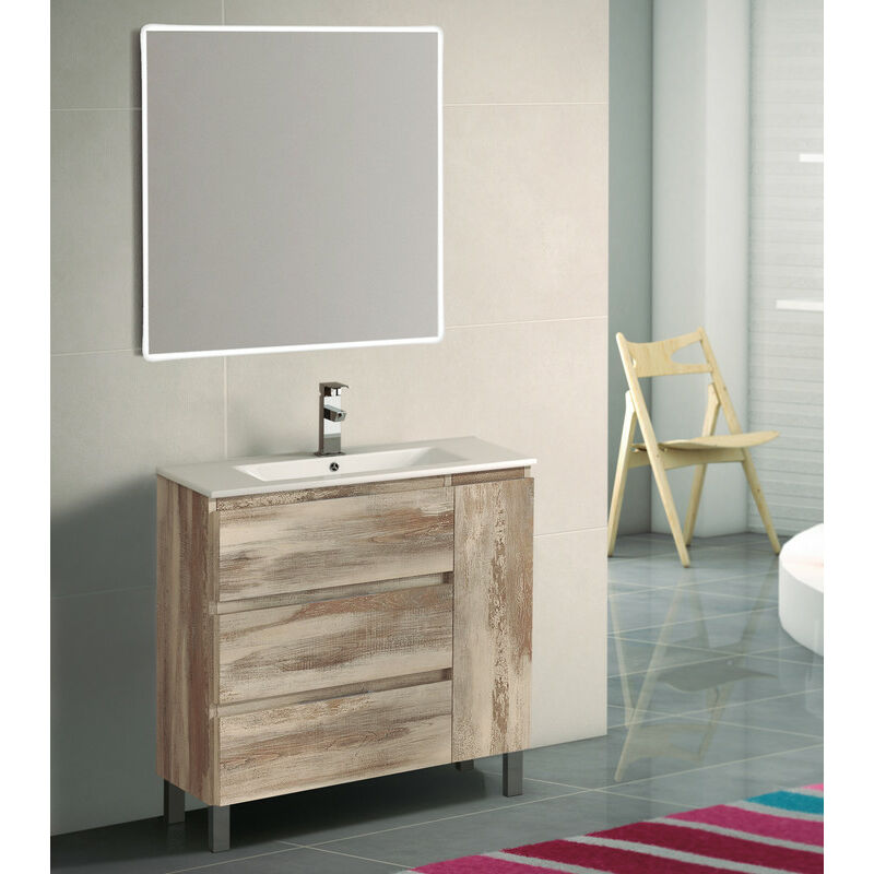 

KIT Mueble de Baño ESTONIA PORCELANA, Formado por Mueble de Baño Color BORA-BORA 80cm, Lavabo de Porcelana y Espejo a Juego