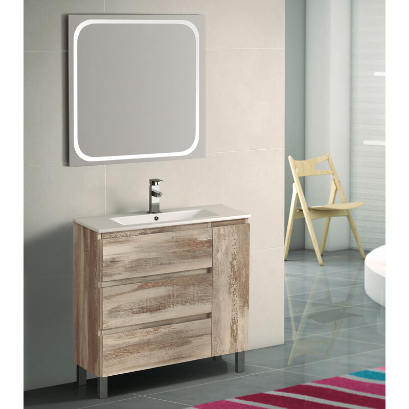 

KIT Mueble de Baño ESTONIA PORCELANA, Formado por Mueble de Baño Color BORA-BORA 80cm, Lavabo de Porcelana y Espejo a Juego