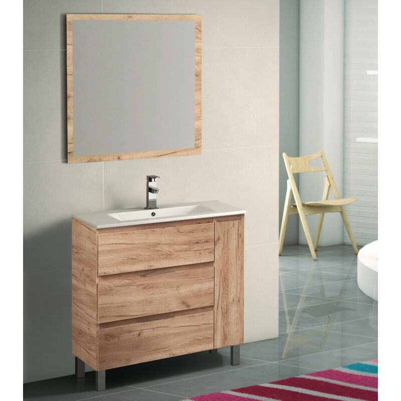 

KIT Mueble de Baño ESTONIA PORCELANA, Formado por Mueble de Baño Color TABACO 100cm, Lavabo de Porcelana y Espejo a Juego