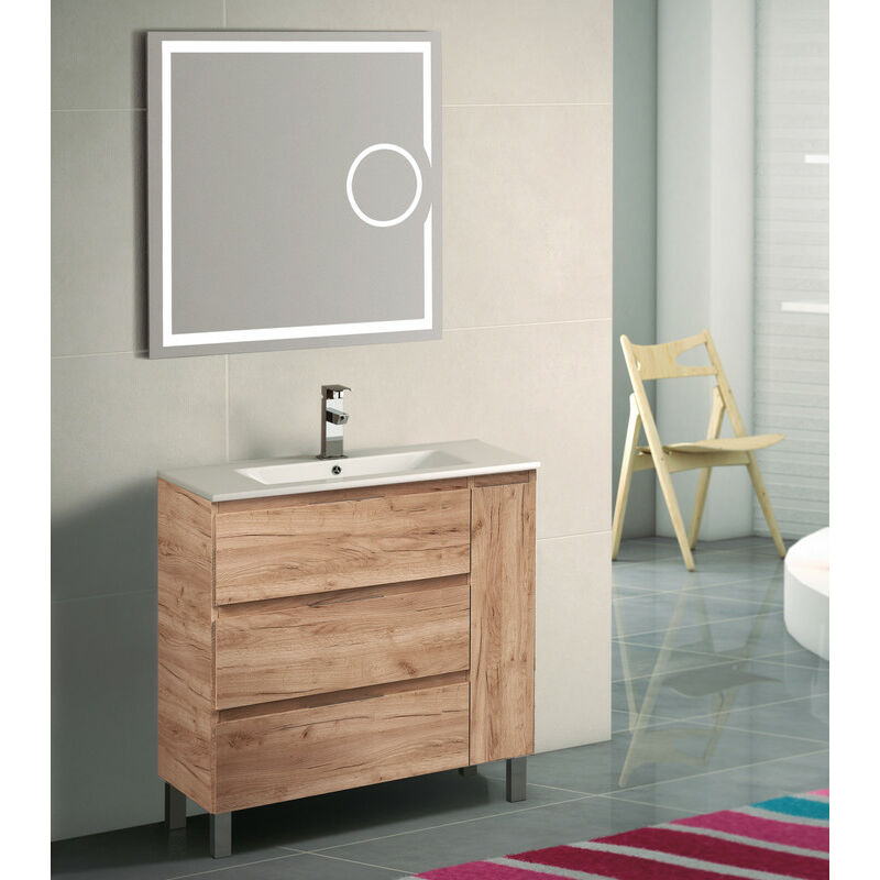 

KIT Mueble de Baño ESTONIA PORCELANA, Formado por Mueble de Baño Color TABACO 100cm, Lavabo de Porcelana y Espejo a Juego
