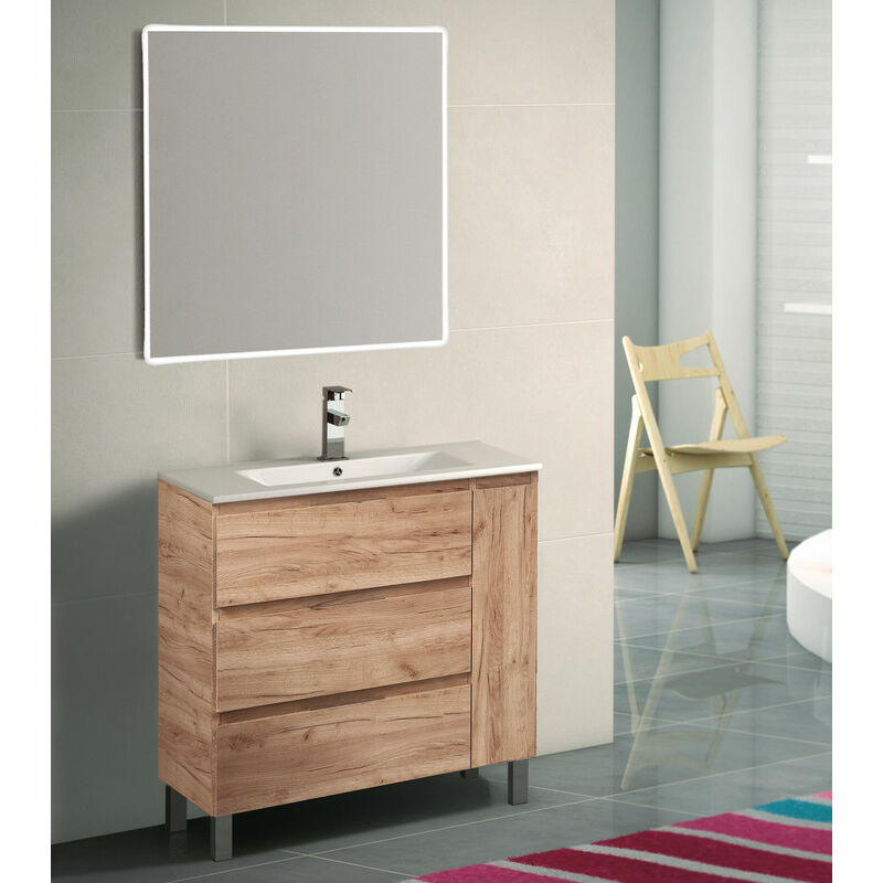 

KIT Mueble de Baño ESTONIA PORCELANA, Formado por Mueble de Baño Color TABACO 100cm, Lavabo de Porcelana y Espejo a Juego