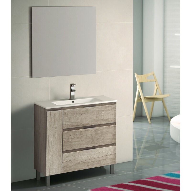 

KIT Mueble de Baño ESTONIA PORCELANA, Formado por Mueble de Baño Color NEBRASKA 100cm, Lavabo de Porcelana y Espejo a Juego