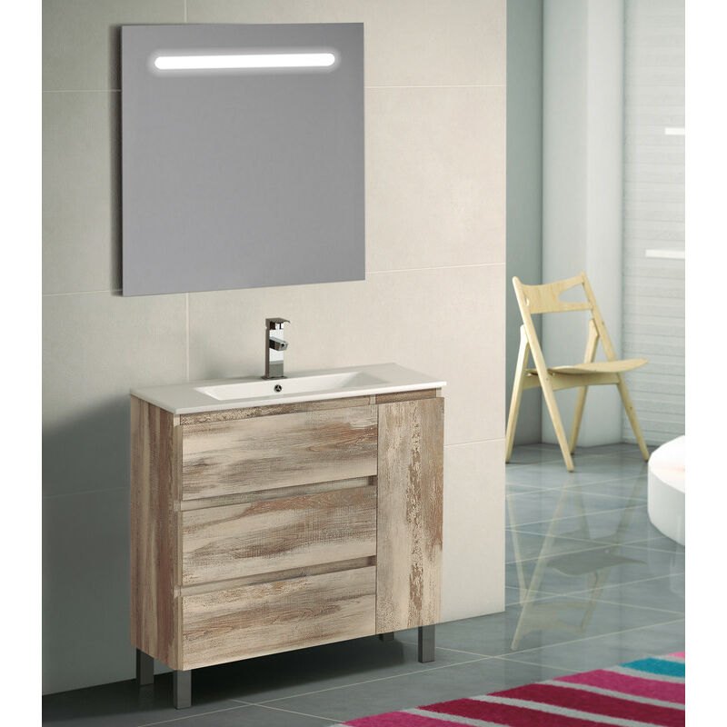 

KIT Mueble de Baño ESTONIA PORCELANA, Formado por Mueble de Baño Color BORA-BORA 100cm, Lavabo de Porcelana y Espejo a Juego