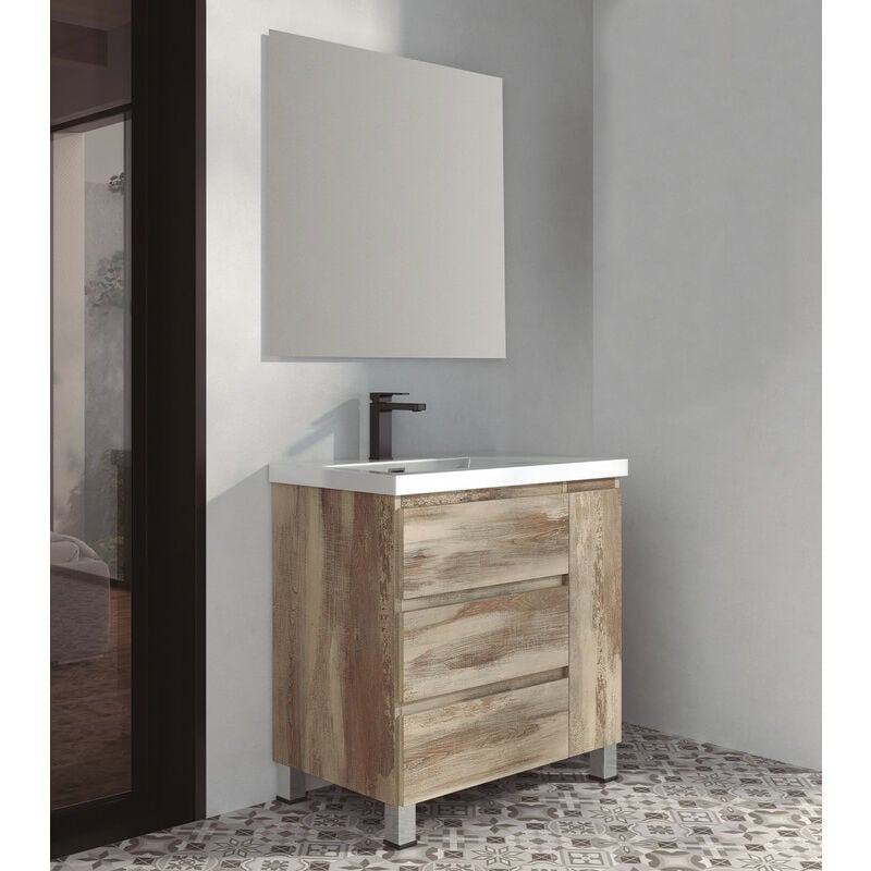 

KIT Mueble de Baño ESTONIA RESINA, Formado por Mueble de Baño Color BORA-BORA 80cm, Lavabo de RESINA y Espejo a Juego