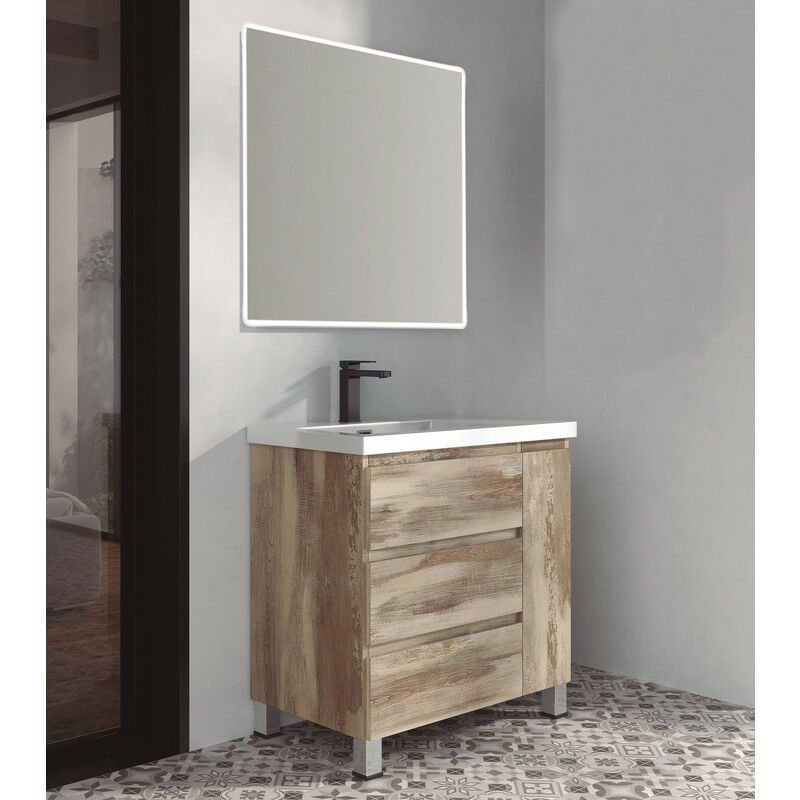 

KIT Mueble de Baño ESTONIA RESINA, Formado por Mueble de Baño Color BORA-BORA 80cm, Lavabo de RESINA y Espejo a Juego