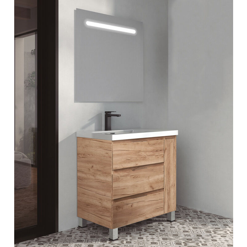 

KIT Mueble de Baño ESTONIA RESINA, Formado por Mueble de Baño Color TABACO 100cm, Lavabo de RESINA y Espejo a Juego