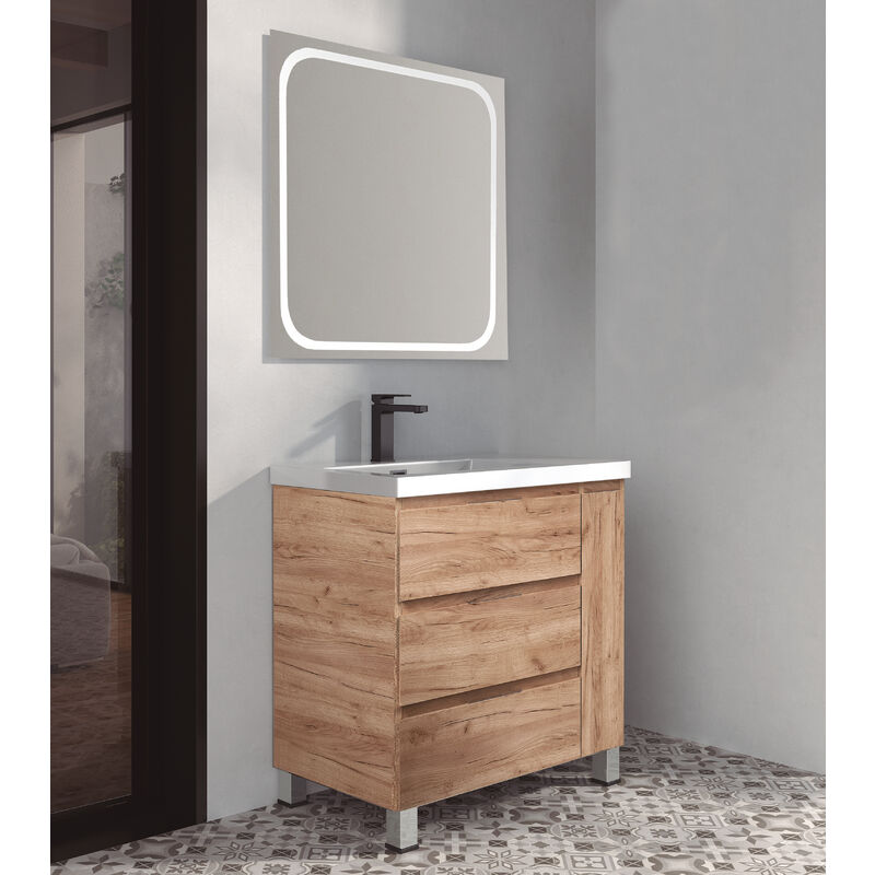 

KIT Mueble de Baño ESTONIA RESINA, Formado por Mueble de Baño Color TABACO 100cm, Lavabo de RESINA y Espejo a Juego