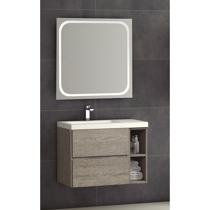 

KIT Mueble de Baño JARAMA PORCELANA, Formado por Mueble de Baño Estilo Madera Color Roble 80cm, Lavabo de Porcelana y Espejo