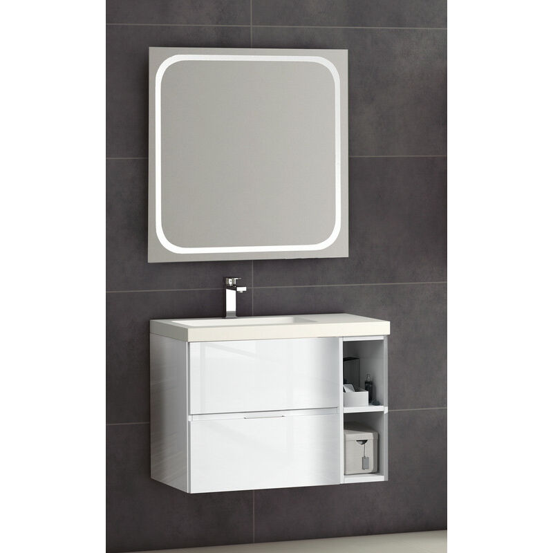 

KIT Mueble de Baño JARAMA PORCELANA, Formado por Mueble de Baño Estilo Madera Color BLANCO 100cm, Lavabo de Porcelana y Espejo