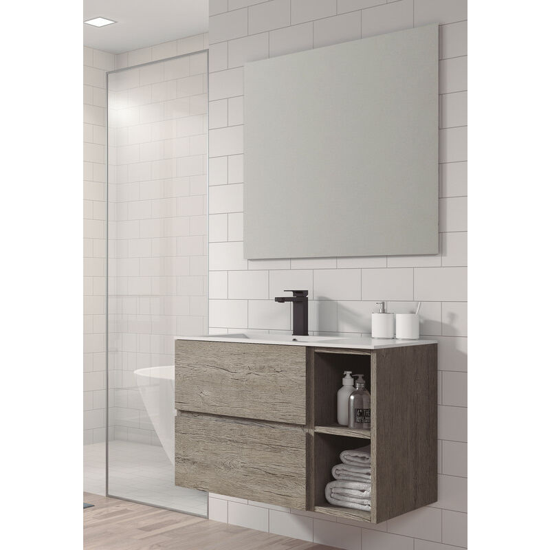 

KIT Mueble de Baño JARAMA RESINA, Formado por Mueble de Baño Estilo Madera Color ROBLE 80cm, Lavabo de Resina y Espejo