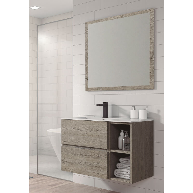 

KIT Mueble de Baño JARAMA RESINA, Formado por Mueble de Baño Estilo Madera Color ROBLE 80cm, Lavabo de Resina y Espejo