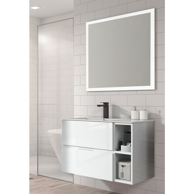 

KIT Mueble de Baño JARAMA RESINA, Formado por Mueble de Baño Estilo Madera Color BLANCO 80cm, Lavabo de Resina y Espejo