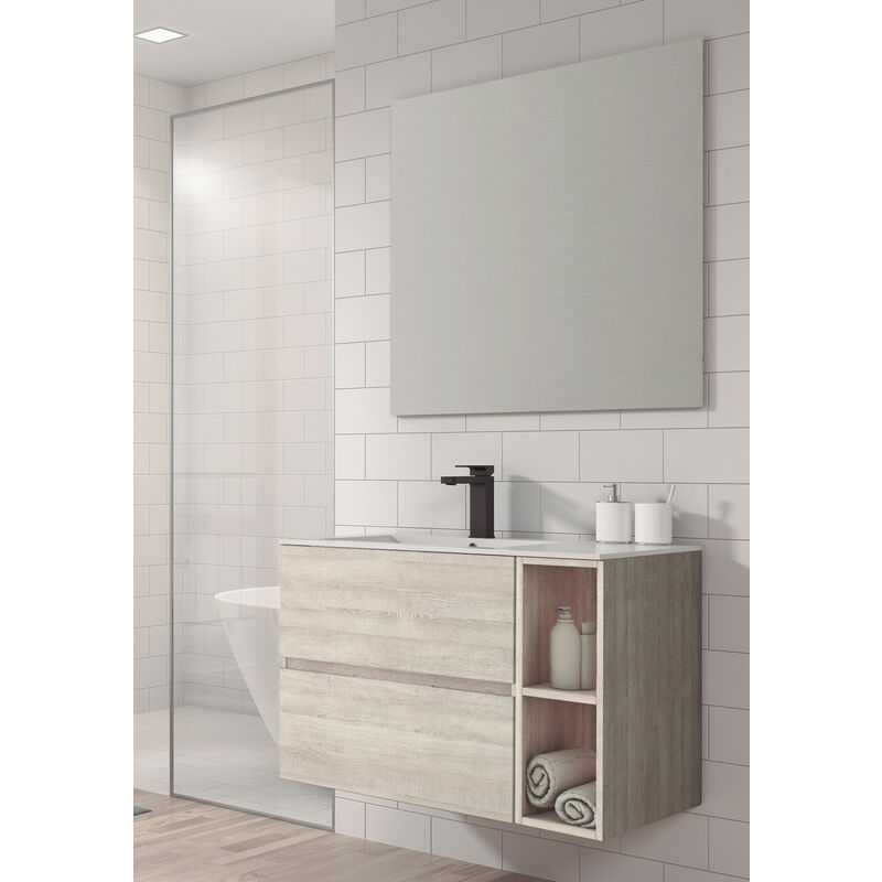 

KIT Mueble de Baño JARAMA RESINA, Formado por Mueble de Baño Estilo Madera Color PINO 100cm, Lavabo de Resina y Espejo