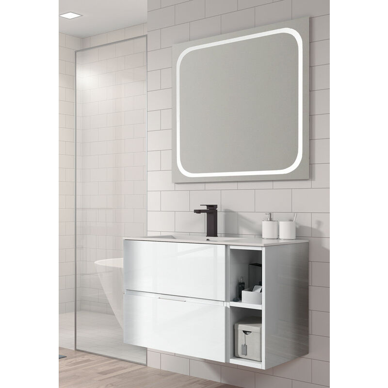 

KIT Mueble de Baño JARAMA RESINA, Formado por Mueble de Baño Estilo Madera Color BLANCO 100cm, Lavabo de Resina y Espejo