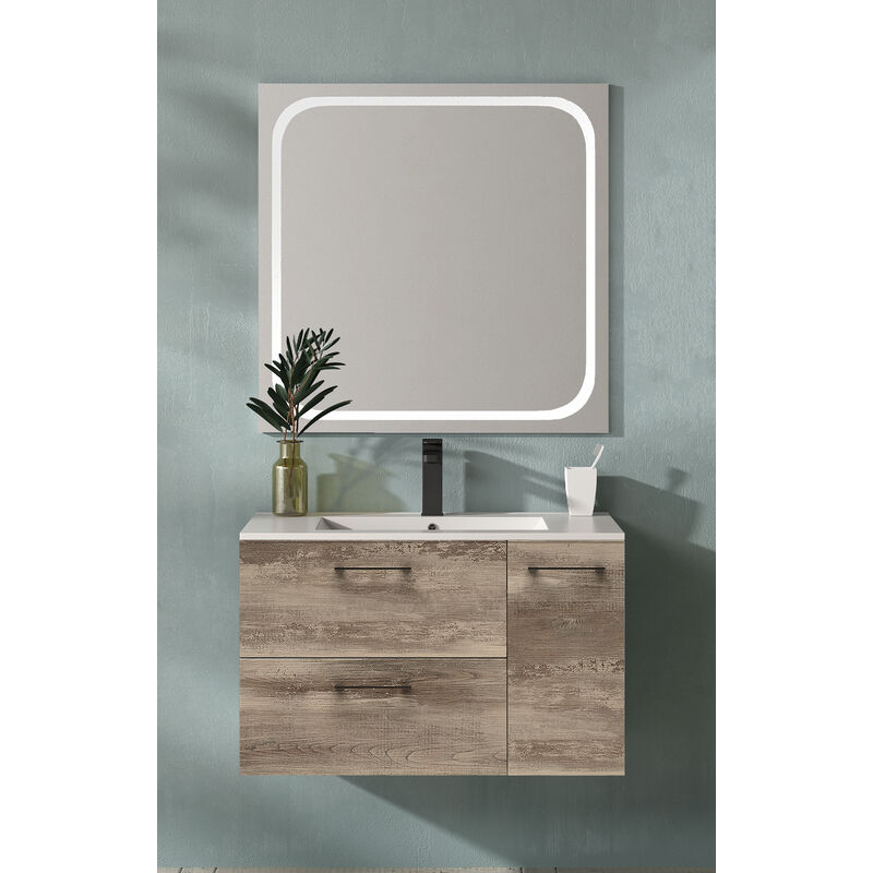 

KIT Mueble de Baño MIÑO PORCELANA, Formado por Mueble de Baño Color BORA-BORA Ancho 80cm, Lavabo de Porcelana y Espejo a Juego