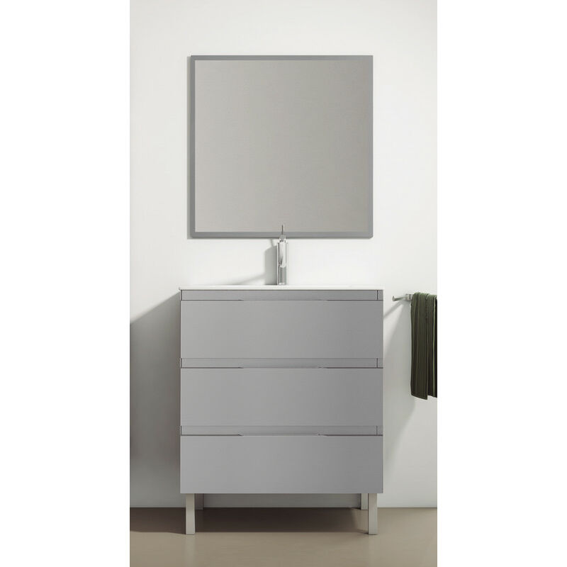 

KIT Mueble de Baño Modelo AUSTRIA PORCELANA, Conjunto formado por Mueble de Baño Gris 80cm, Lavabo de Porcelana y Espejo