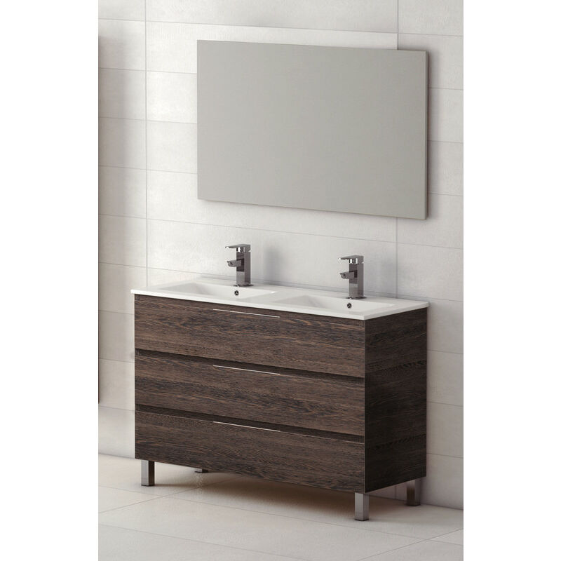 

KIT Mueble de Baño Modelo AUSTRIA PORCELANA: Mueble de Baño Wenge Malí 120cm, Lavabo de Porcelana de Doble Seno y Espejo