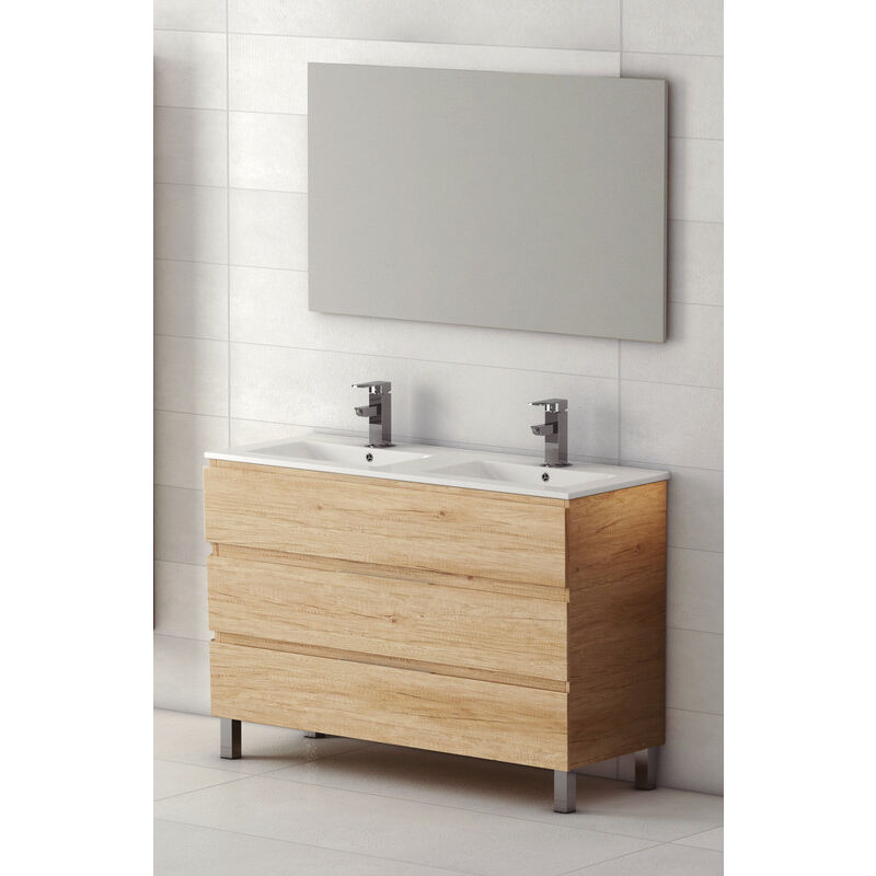 

KIT Mueble de Baño Modelo AUSTRIA PORCELANA: Mueble de Baño Nebraska120cm, Lavabo de Porcelana de Doble Seno y Espejo