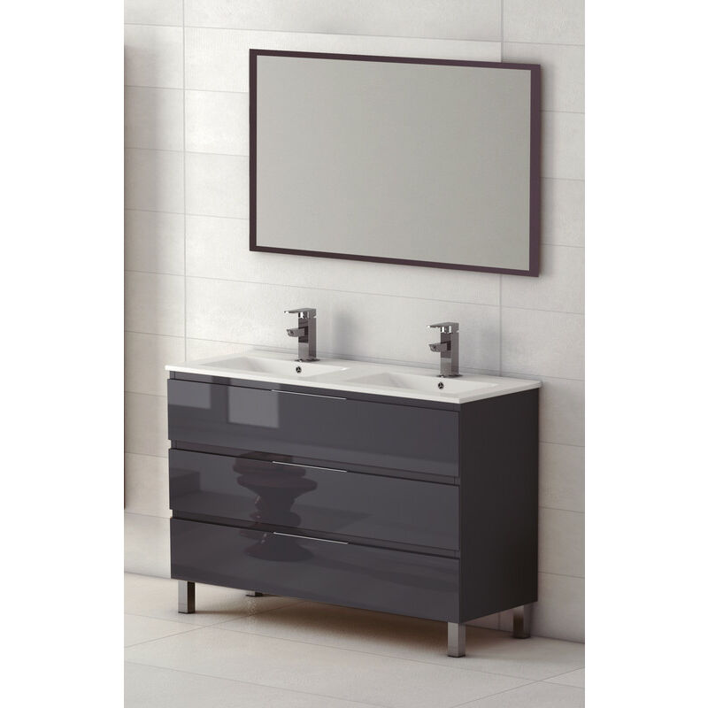 

KIT Mueble de Baño Modelo AUSTRIA PORCELANA: Mueble de Baño Antracita 120cm, Lavabo de Porcelana de Doble Seno y Espejo