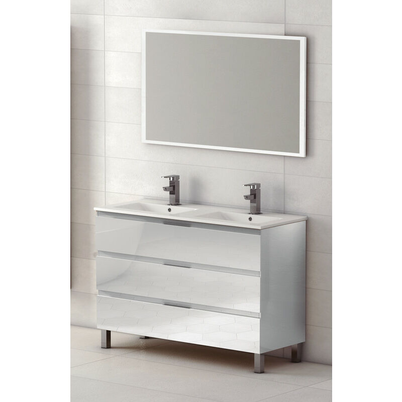 

KIT Mueble de Baño Modelo AUSTRIA PORCELANA: Mueble de Baño BLANCO 120cm, Lavabo de Porcelana de Doble Seno y Espejo