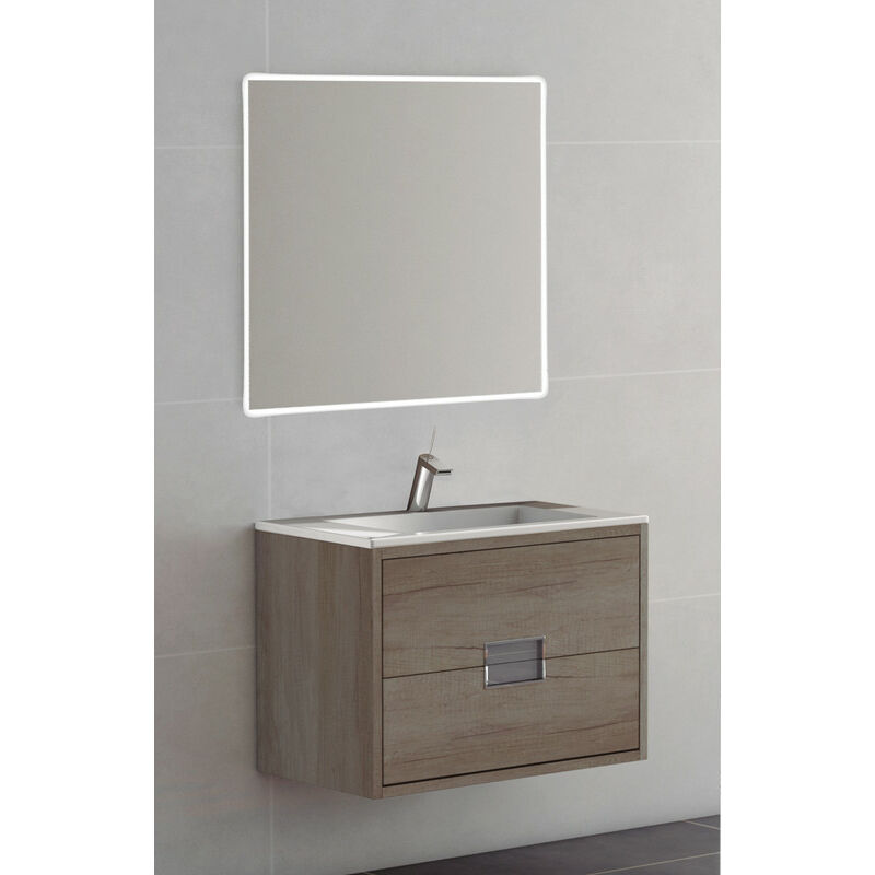 

KIT Mueble de Baño Modelo BURDEOS PORCELANA,Formado por Mueble de Baño Color Roble Ancho 80cm, Lavabo de Porcelana y Espejo