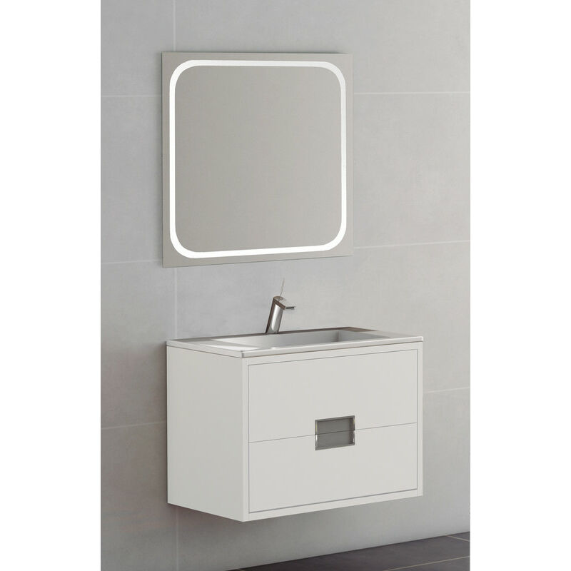 

KIT Mueble de Baño Modelo BURDEOS PORCELANA,Formado por Mueble de Baño Color BLANCO Ancho 80cm, Lavabo de Porcelana y Espejo