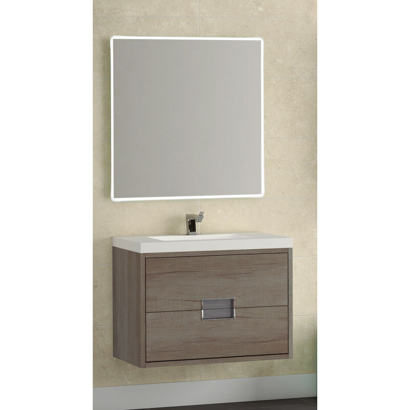 

KIT Mueble de Baño Modelo BURDEOS Resina,Formado por Mueble de Baño Estilo Madera Color ROBLE 80cm, Lavabo de Resina y Espejo