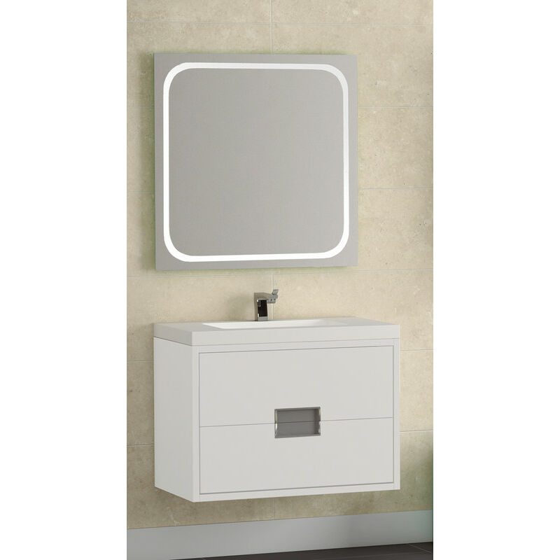 

KIT Mueble de Baño Modelo BURDEOS Resina,Formado por Mueble de Baño Estilo Madera Color BLANCO 80cm, Lavabo de Resina y Espejo