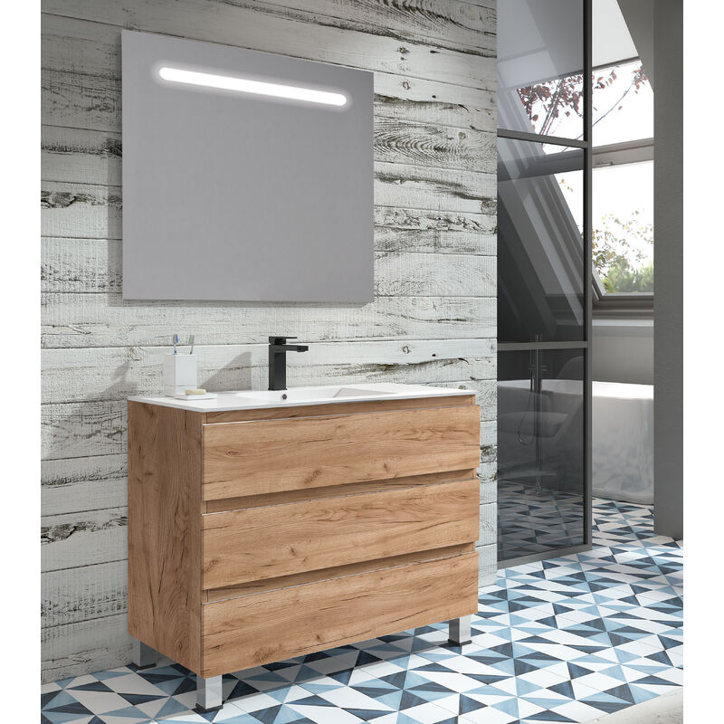 

KIT Mueble de Baño NORUEGA PORCELANA, Formado por Mueble de Baño Estilo Madera Color TABACO 80cm, Lavabo de Porcelana y Espejo