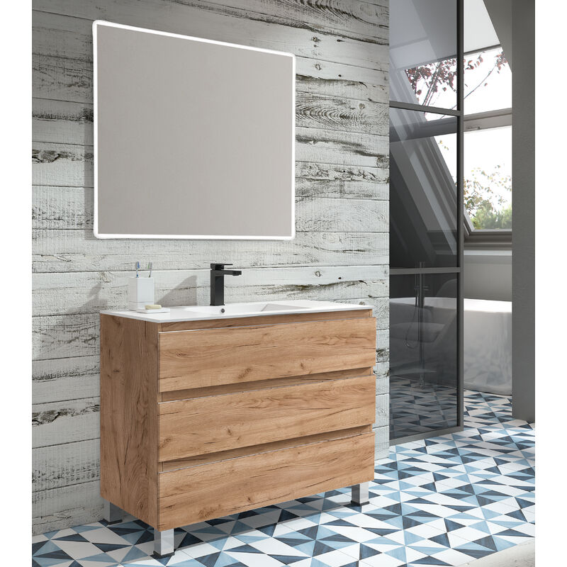 

KIT Mueble de Baño NORUEGA PORCELANA, Formado por Mueble de Baño Estilo Madera Color TABACO 80cm, Lavabo de Porcelana y Espejo