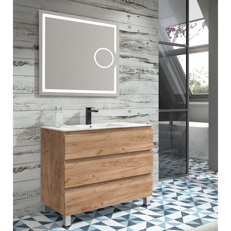 

KIT Mueble de Baño NORUEGA PORCELANA, Formado por Mueble de Baño Color TABACO 100cm, Lavabo de Porcelana y Espejo