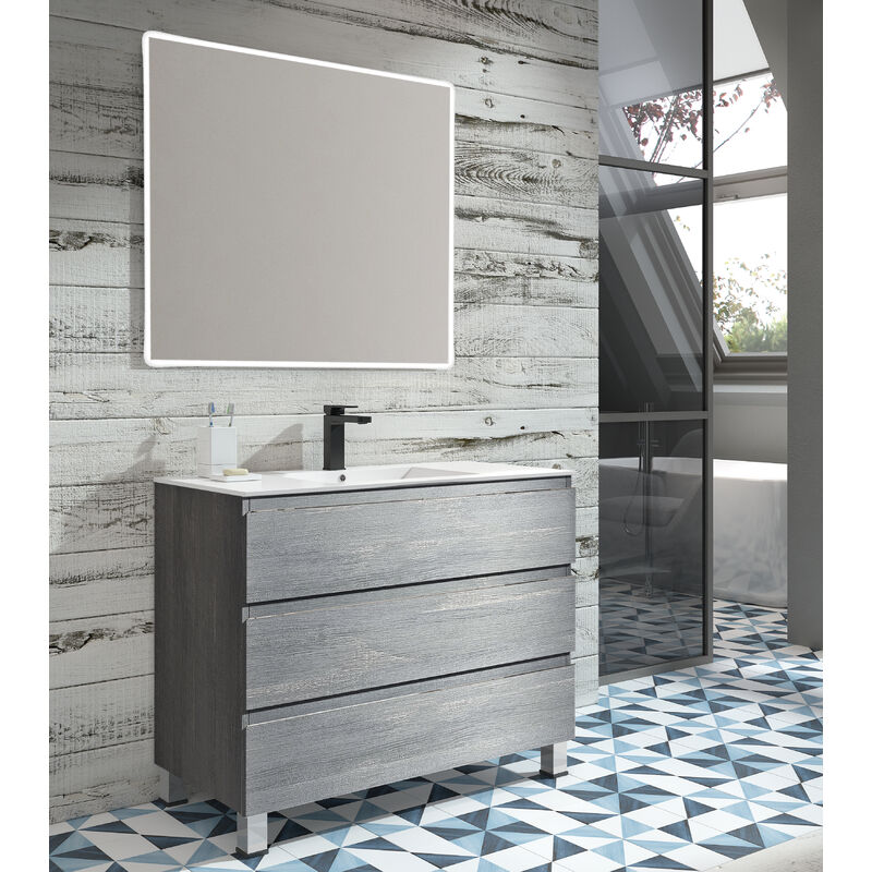 

KIT Mueble de Baño NORUEGA PORCELANA, Formado por Mueble de Baño Color ROBLE 100cm, Lavabo de Porcelana y Espejo