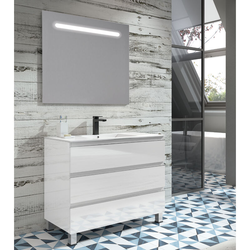 

KIT Mueble de Baño NORUEGA PORCELANA, Formado por Mueble de Baño Color BLANCO 100cm, Lavabo de Porcelana y Espejo