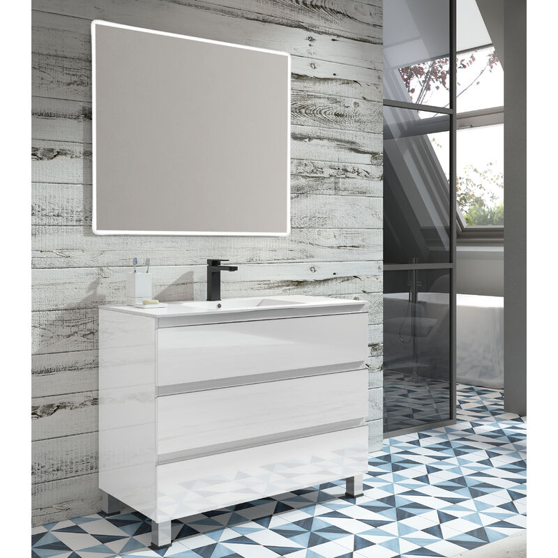 

KIT Mueble de Baño NORUEGA PORCELANA, Formado por Mueble de Baño Color BLANCO 100cm, Lavabo de Porcelana y Espejo