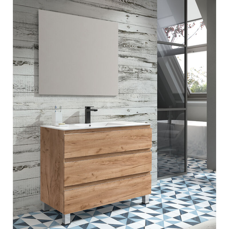 

KIT Mueble de Baño NORUEGA PORCELANA, Formado por Mueble de Baño Color TABACO 100cm, Lavabo de Porcelana y Espejo